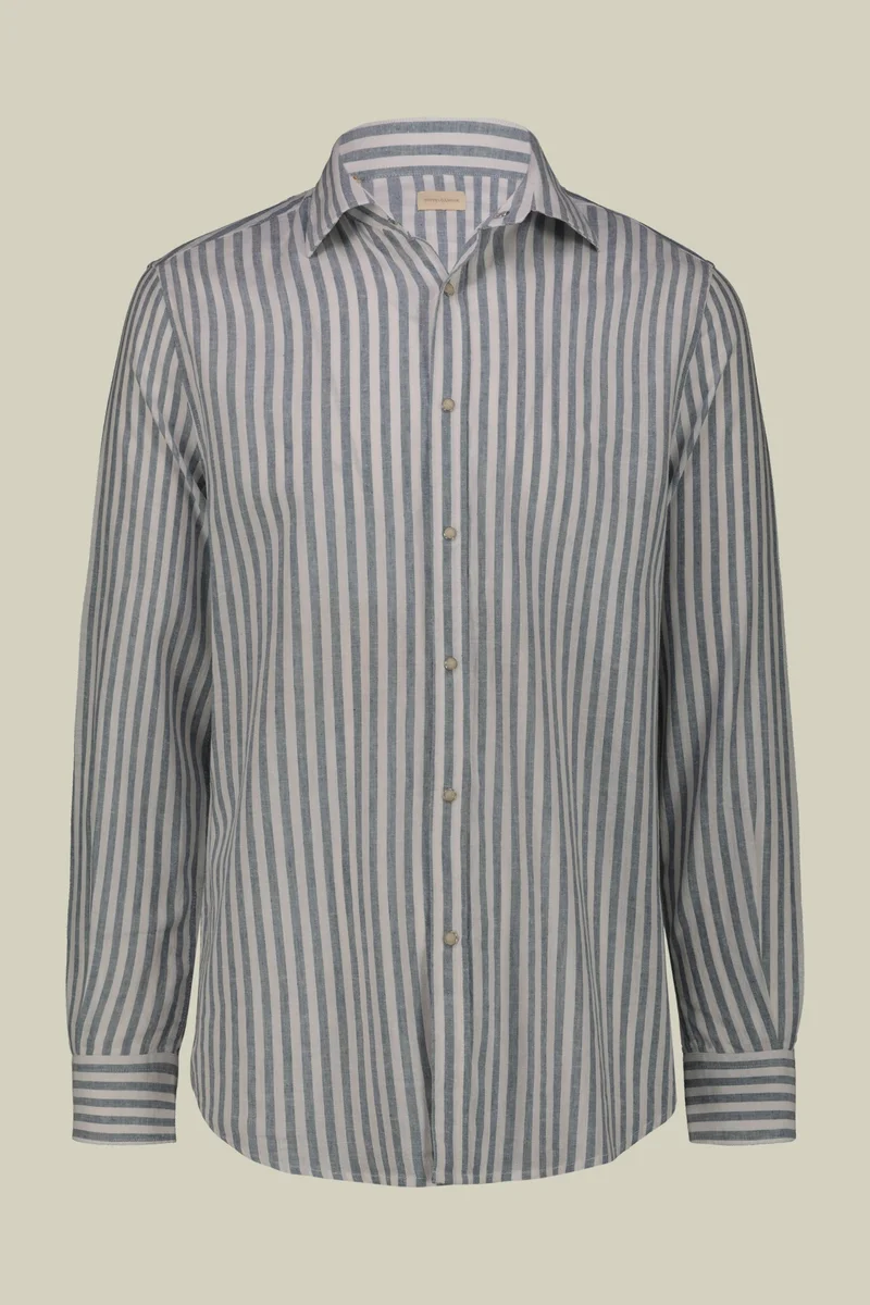 Doppelganger Multicolour Men's casual shirt with French collar in striped washed linen and cotton fabric - White/Sky for Men | Best Price UAE
