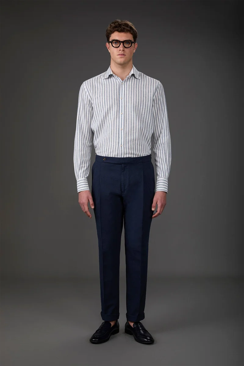 Men's casual shirt with French collar in striped washed linen and cotton fabric - White/Sky