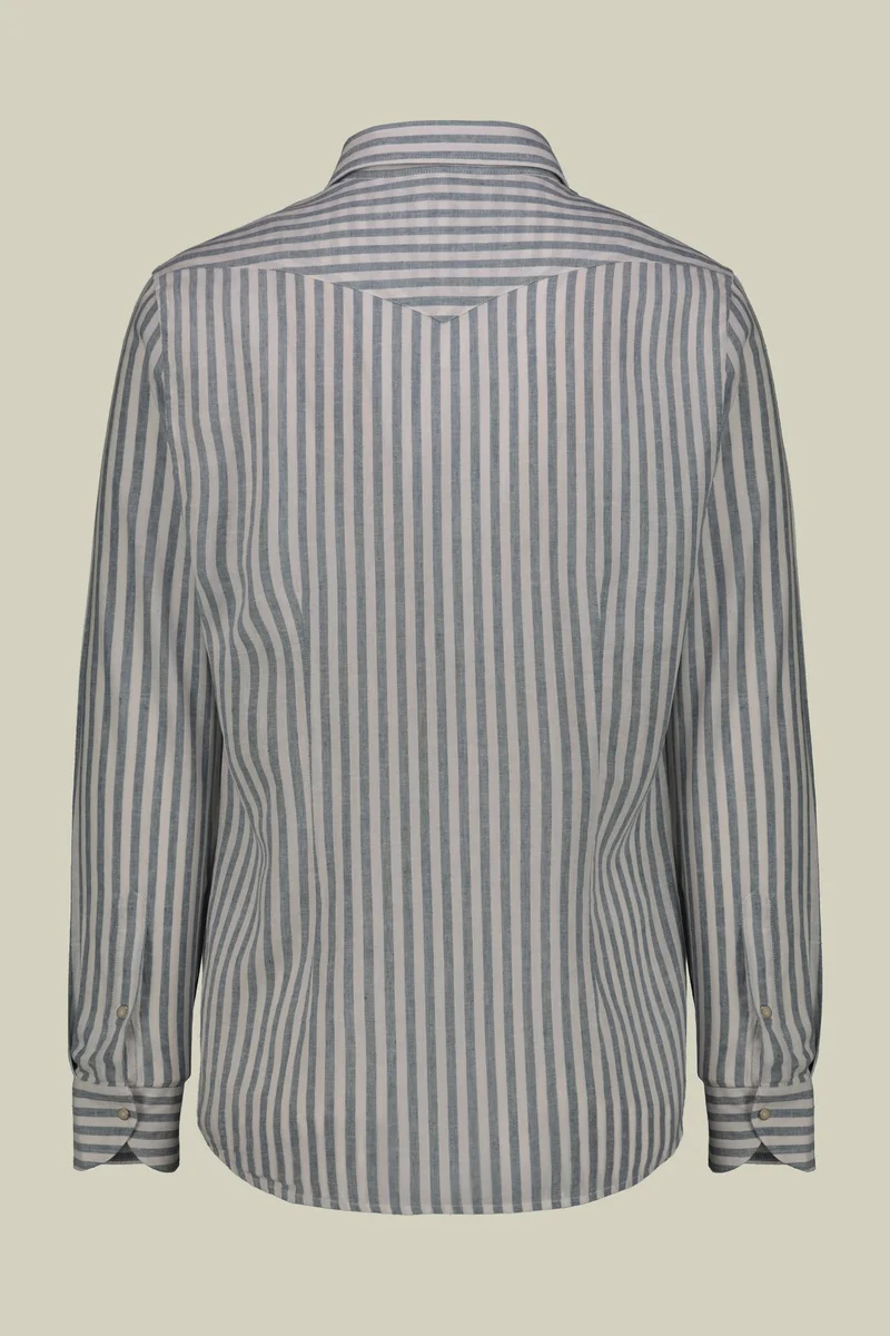 Doppelganger Multicolour Men's casual shirt with French collar in striped washed linen and cotton fabric - White/Sky for Men | Best Price UAE