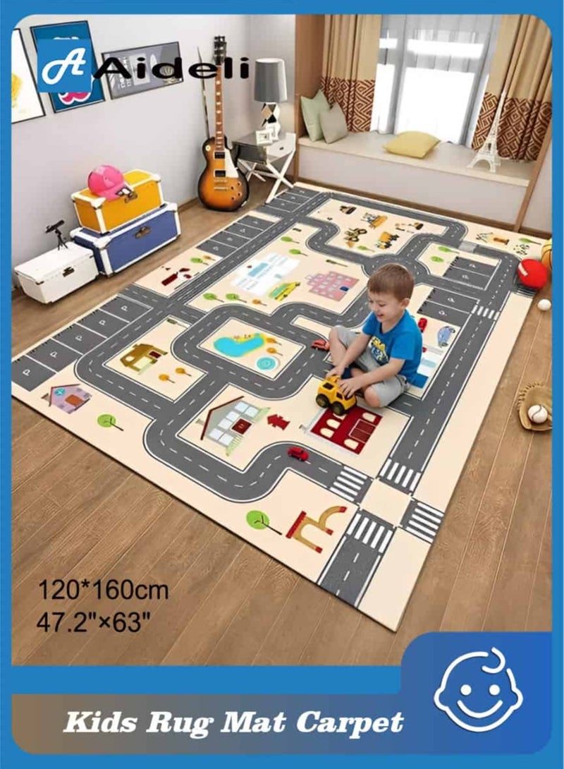 أديلي بساط لعب للأطفال وسجادة غرفة نوم بتصميم المدينة والطرق 120×160 سم، بساط سيارات تعليمي يحتوي على طرق ومواقف سيارات ومبانٍ ومدارس، سجادة ناعمة غير قابلة للانزلاق لغرفة اللعب والحضانة - Image 1