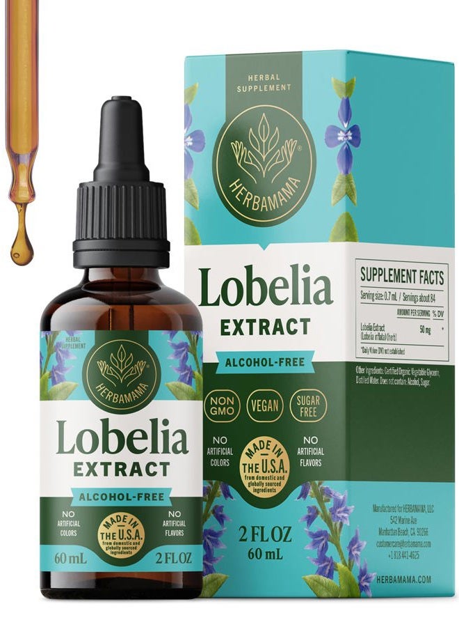 HERBAMAMA Lobelia Liquid Extract - Organic Herb Tincture Supporting Lung, Muscle & Joint Function - Natural Herbal Drops for Mood & Stress Relief - Vegan Supplement, No Sugar or Alcohol - 2 fl. Oz - Image 1