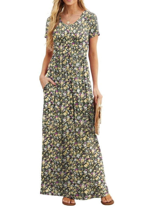 GRECERELLE Women Summer Crew Neck Casual Short Sleeve Solid Floral Print Long Maxi Dress with Pockets, Black Yellow Floral, XL - Image 1