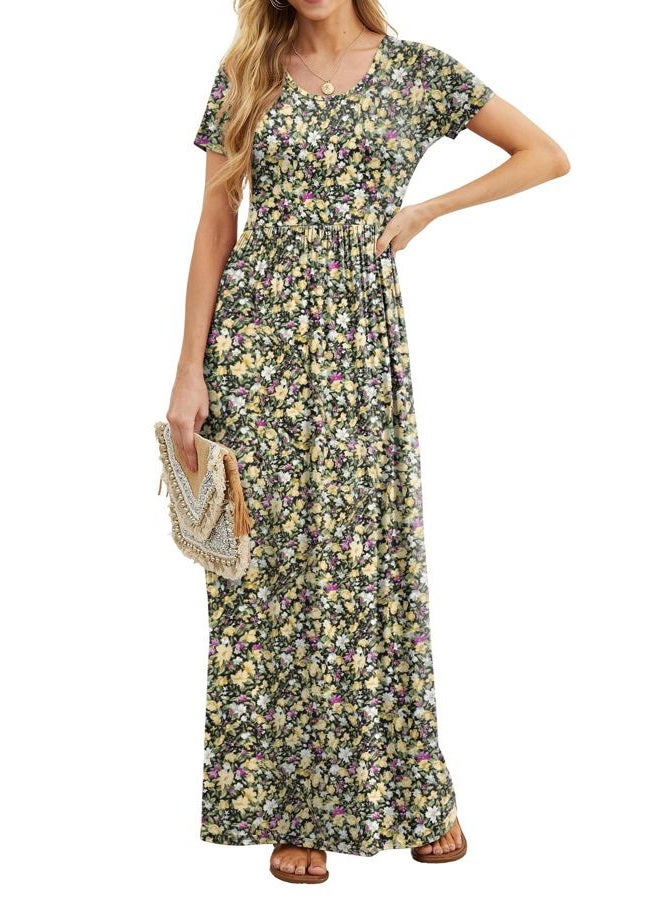 GRECERELLE Women Summer Crew Neck Casual Short Sleeve Solid Floral Print Long Maxi Dress with Pockets, Black Yellow Floral, XL - Image 2