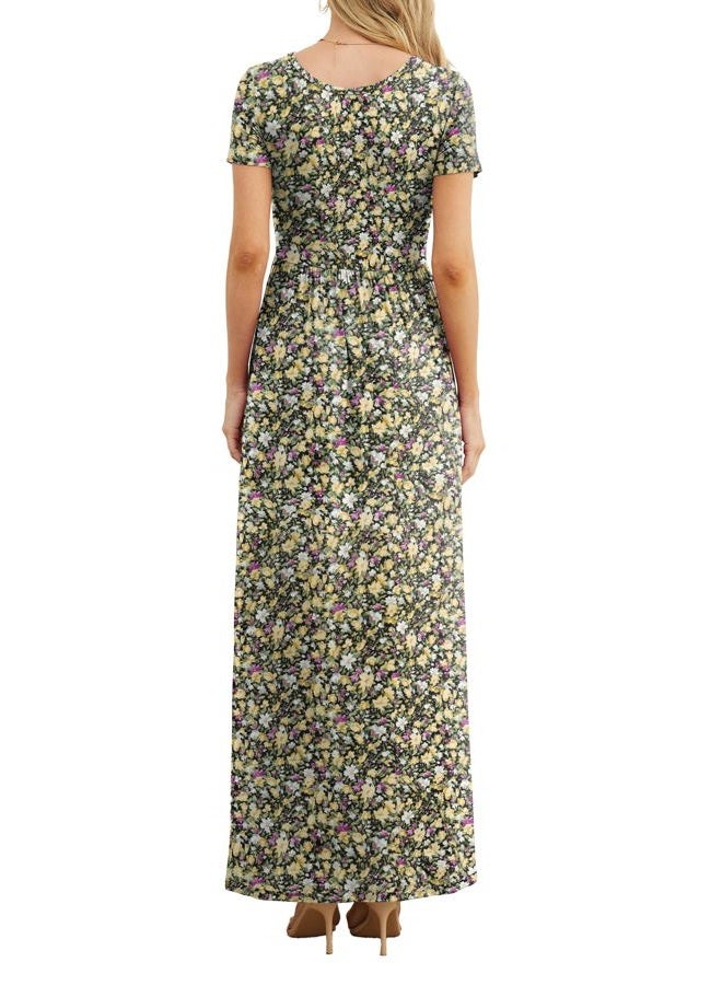 GRECERELLE Women Summer Crew Neck Casual Short Sleeve Solid Floral Print Long Maxi Dress with Pockets, Black Yellow Floral, XL - Image 4