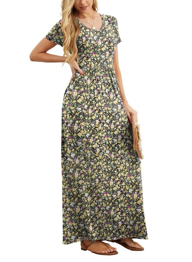 GRECERELLE Women Summer Crew Neck Casual Short Sleeve Solid Floral Print Long Maxi Dress with Pockets, Black Yellow Floral, XL - Image 3