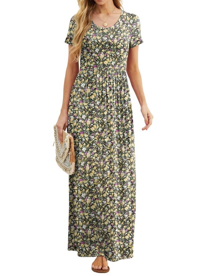 GRECERELLE Women Summer Crew Neck Casual Short Sleeve Solid Floral Print Long Maxi Dress with Pockets, Black Yellow Floral, XL - Image 5