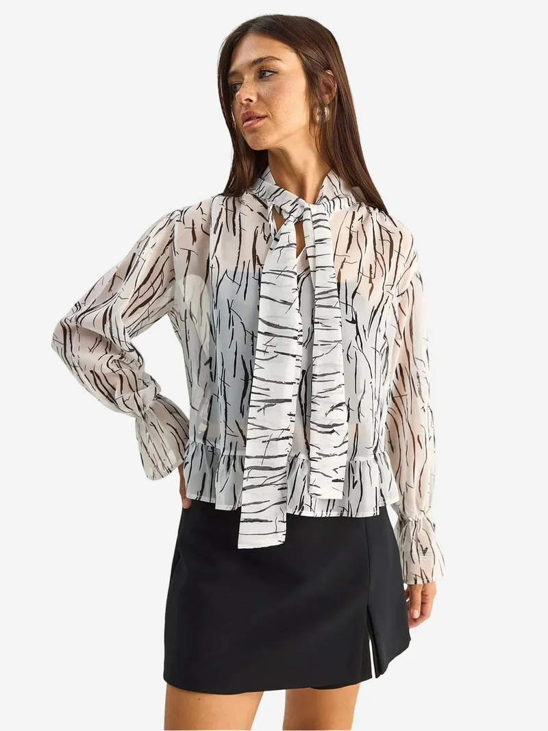 Bianco Lucci LUCCI Abstract Print Choker Collar Chiffon Blouse with Tie Detail