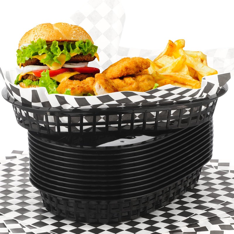 Uiifan 24 Pcs Fast Food Baskets with 100 Deli Liners Deli Food Baskets 105 x 7 Inch Serving Burger Chip Trays for Hot Dog Hamburger Bread PicnicBlack