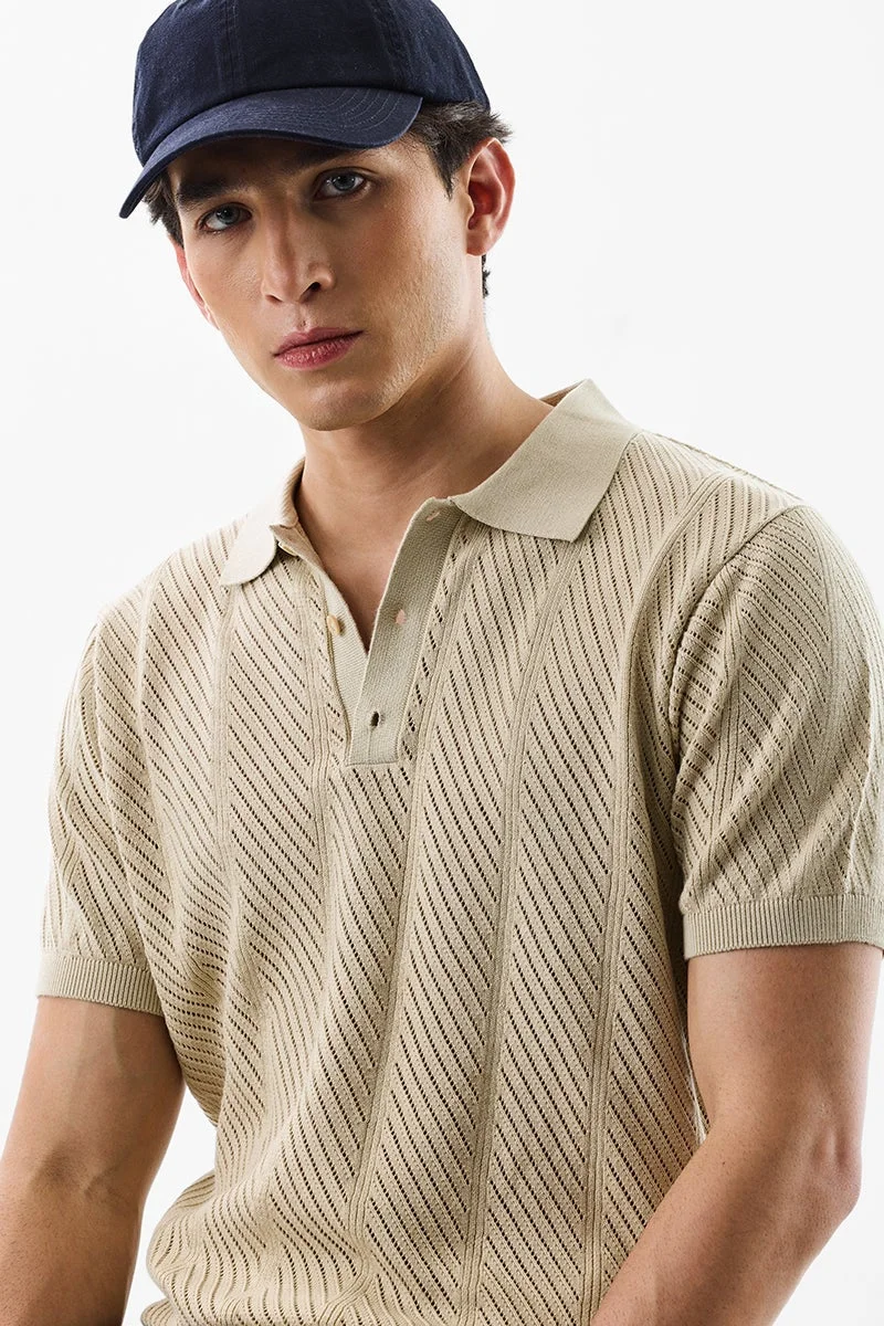 SNITCH Beige Textured Half Sleeve Slim Fit T-Shirt