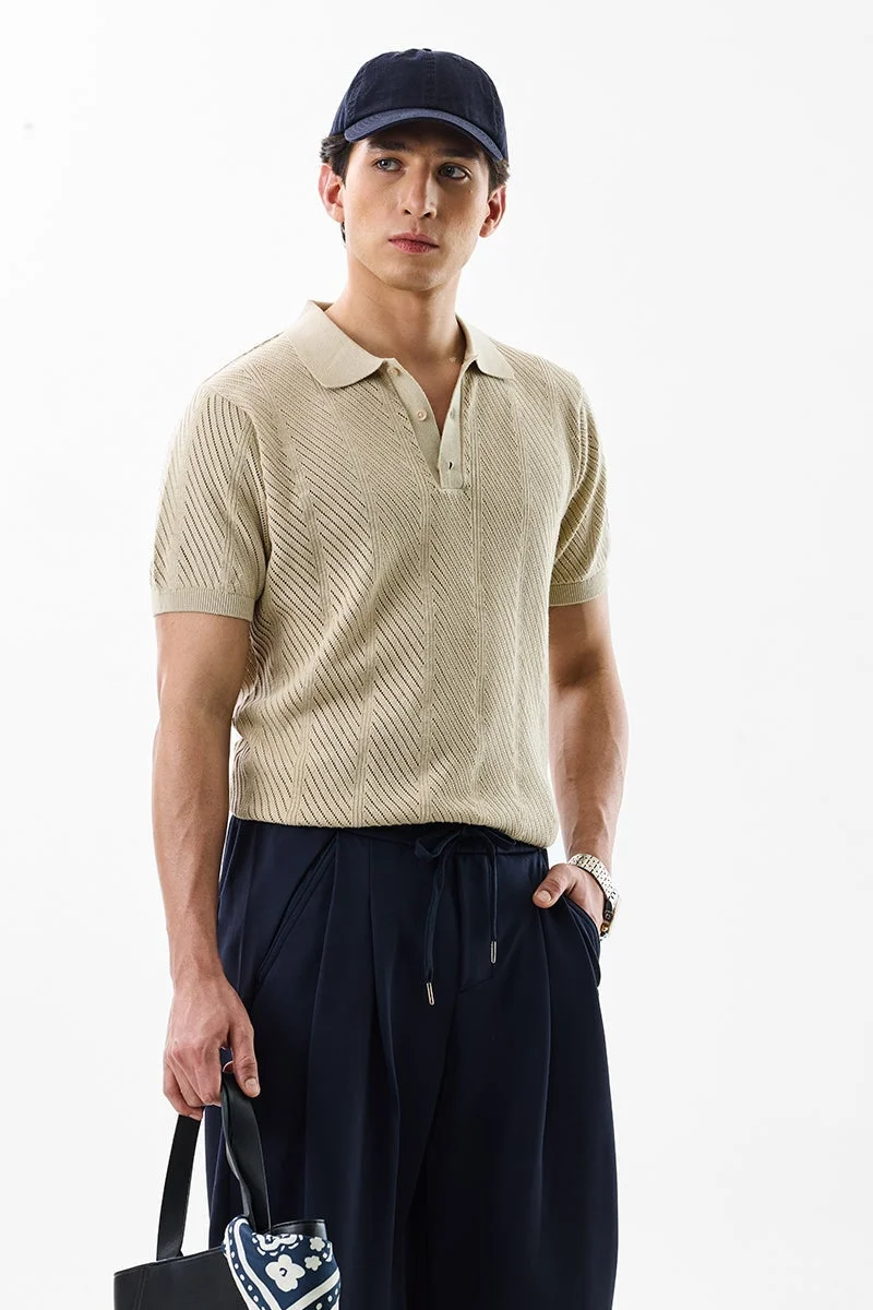 SNITCH Beige Textured Half Sleeve Slim Fit T-Shirt