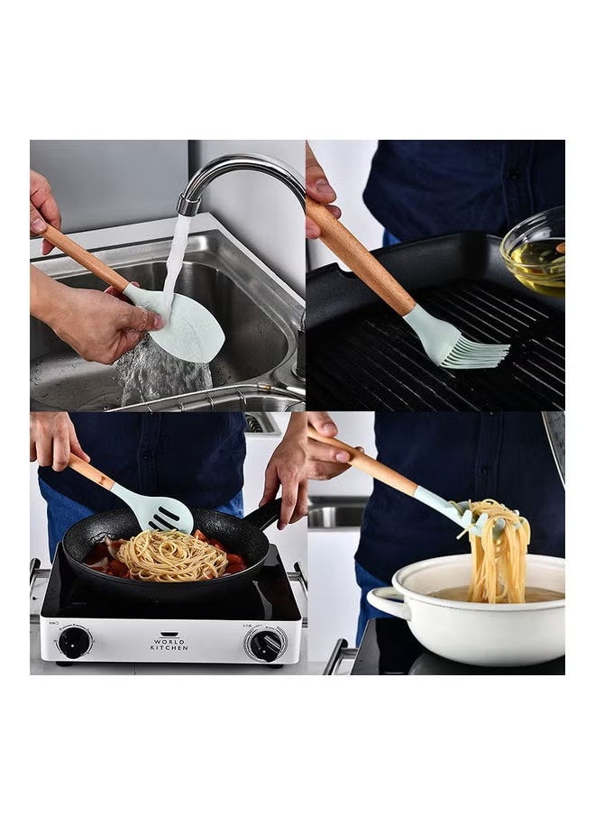 ELTRAZONE - 11-Piece Wooden Handle Bucket Cookware Spoon Set Premium Mint Green Kitchen Utensils for Cooking, Stirring, and Serving – Durable, Heat-Resistant, Non-Scratch Wooden Handles, Ideal for Non-Stick Cookware - Image 1