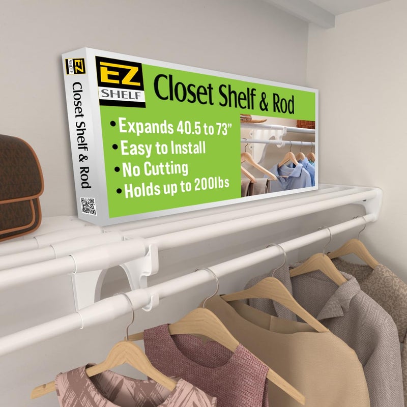 EZ SHELF- Closet Shelf with Hanging Rod, Expands 40.5-73", White, Closet Shelves Hold 200 lbs, Easy Install Closet Organizer to 2 Side Walls, Alternate for Closet Wire Shelving & Laundry Room Shelves - Image 1