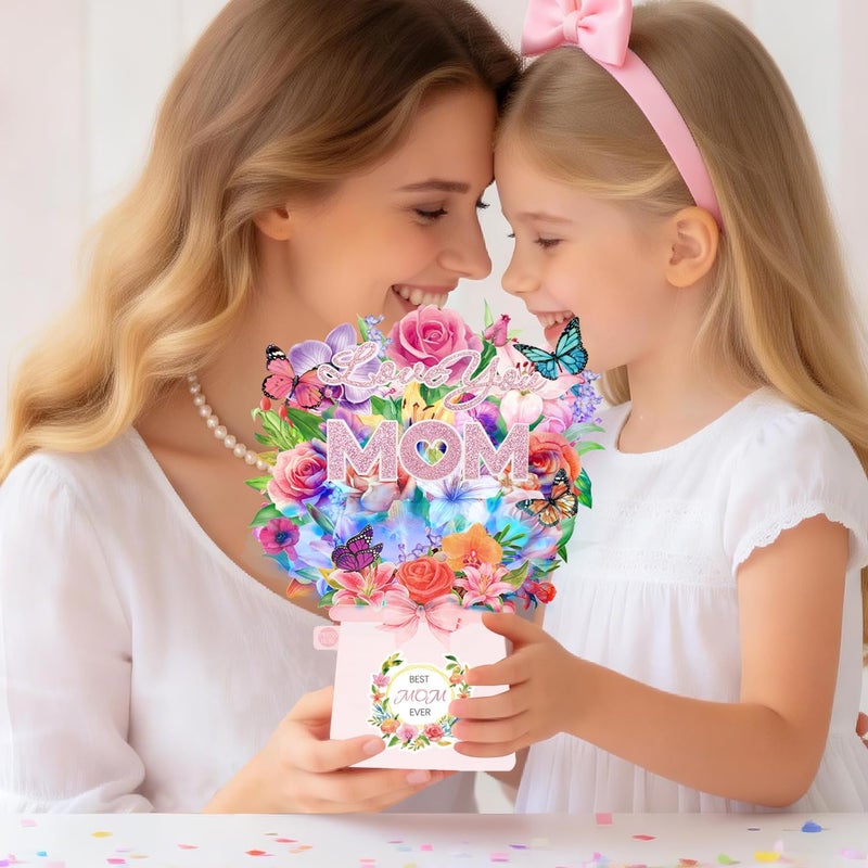 أولوسونغ بطاقة عيد الأم، مع أضواء وموسيقى، بطاقة منبثقة لعيد الأم، وردة وزنبق وأوركيد وفراشات، باقة زهور أبدية بحجم طبيعي 10 بوصات، بطاقات عيد الأم من الابنة والابن والزوج، بطاقات هدايا لـ - Image 5