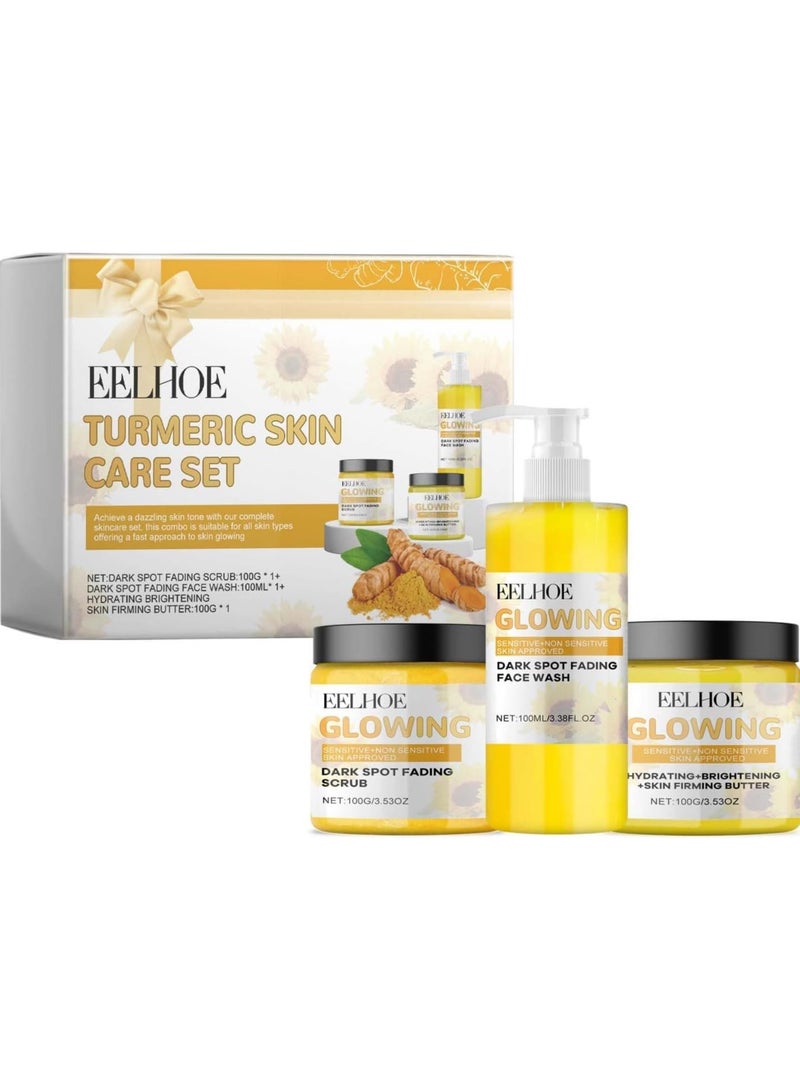 EELHOE Turmeric Glow Combo Skincare Set,Turmeric Skin Care Kit,Turmeric Face Wash,Turmeric Face Cream,Turmeric Glow Face Scrub,Brightening,Exfoliating,Clearing Blackheads,Naturally Moisturizing - Image 2
