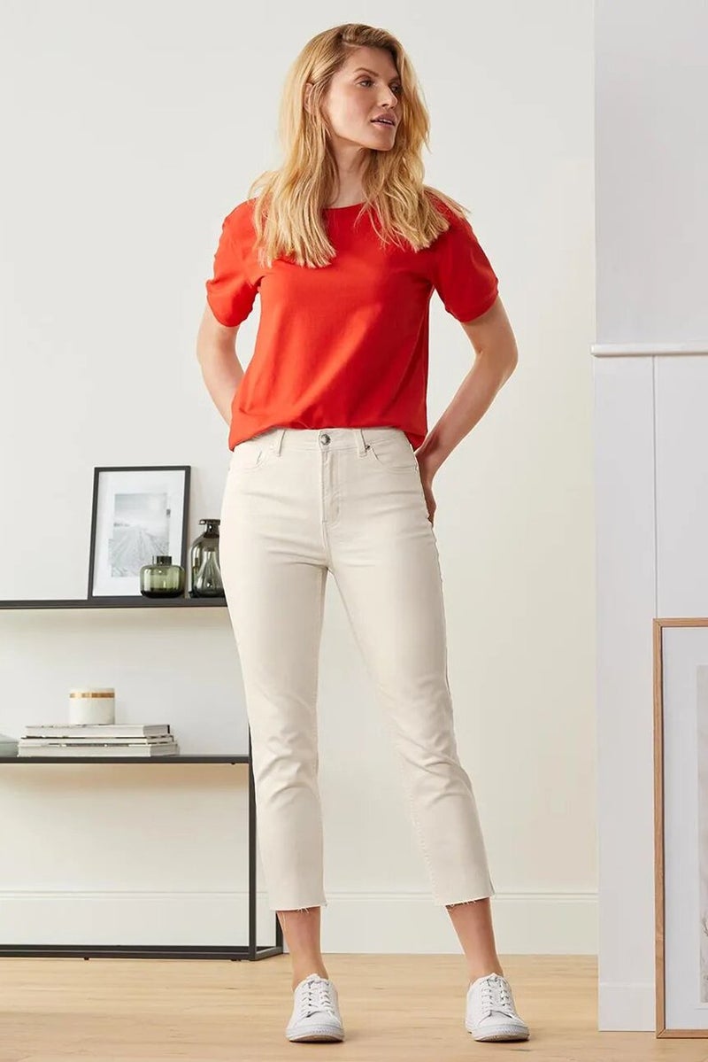 Tchibo Women Straight Fit Plain Straight Leg Pants, Cream  - Image 1