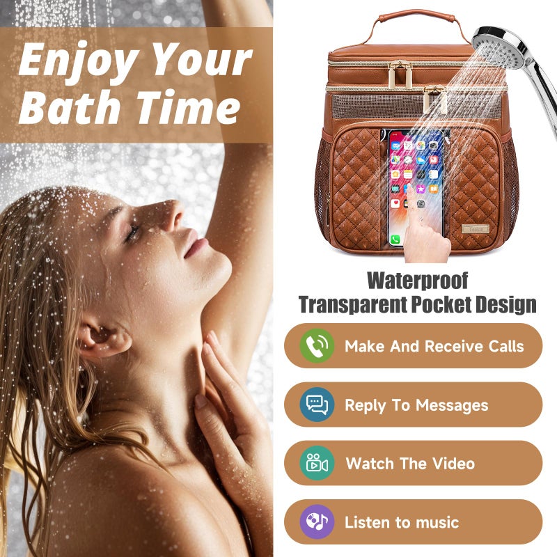 Tealari Large Leather Toiletry Bag for Women Men,Bathroom Bag,Water Resistant Shower Bag,Makeup Bag,Portable Shower Caddy for College Dorm,Hanging Travel Toiletry Bag with Transparent Waterproof Phone Pocket - Image 3