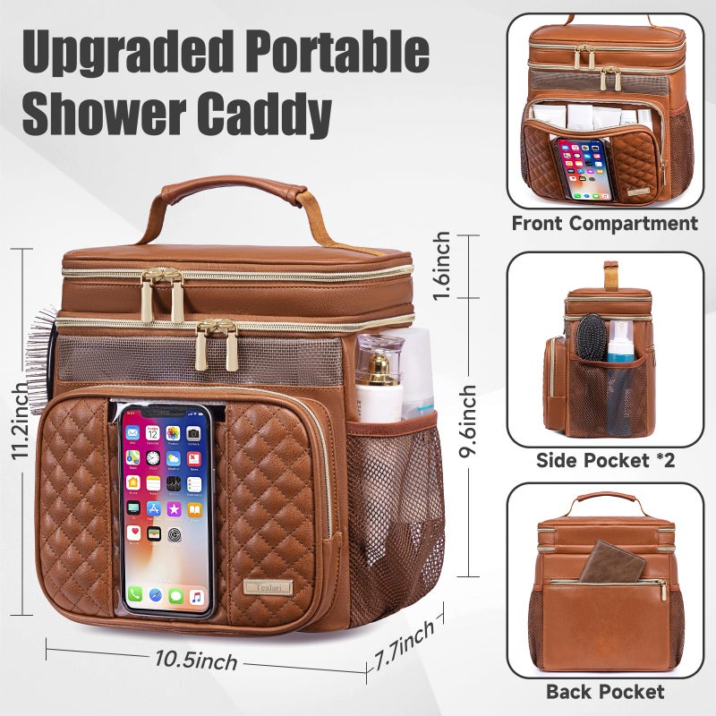 Tealari Large Leather Toiletry Bag for Women Men,Bathroom Bag,Water Resistant Shower Bag,Makeup Bag,Portable Shower Caddy for College Dorm,Hanging Travel Toiletry Bag with Transparent Waterproof Phone Pocket - Image 4