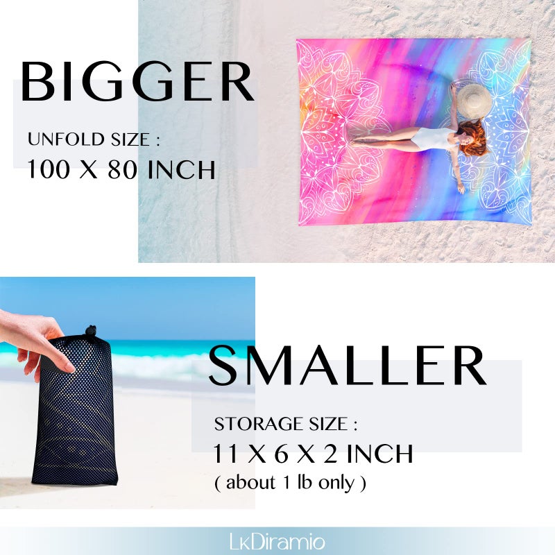 LkDiramio LkDiramio Beach Blanket Sand Proof Waterproof Oversized 100" x 80" Sand Free Mat with Corner Pockets and Mesh Bag for Outdoor, Picnic, Travel, Beach Accessories Portable, Gradient Blue Ocean  - Image 2