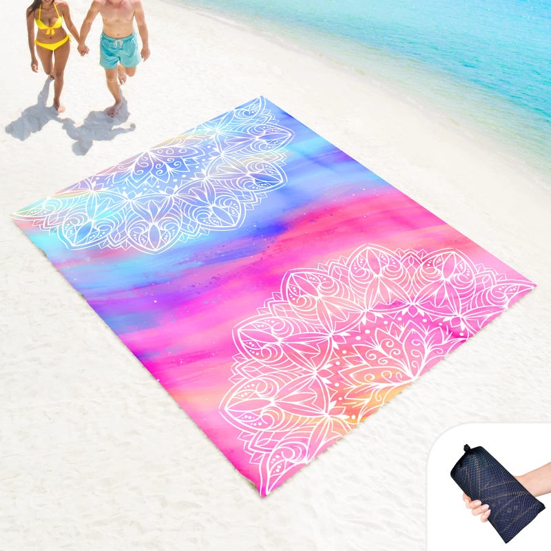 LkDiramio LkDiramio Beach Blanket Sand Proof Waterproof Oversized 100" x 80" Sand Free Mat with Corner Pockets and Mesh Bag for Outdoor, Picnic, Travel, Beach Accessories Portable, Gradient Blue Ocean  - Image 1