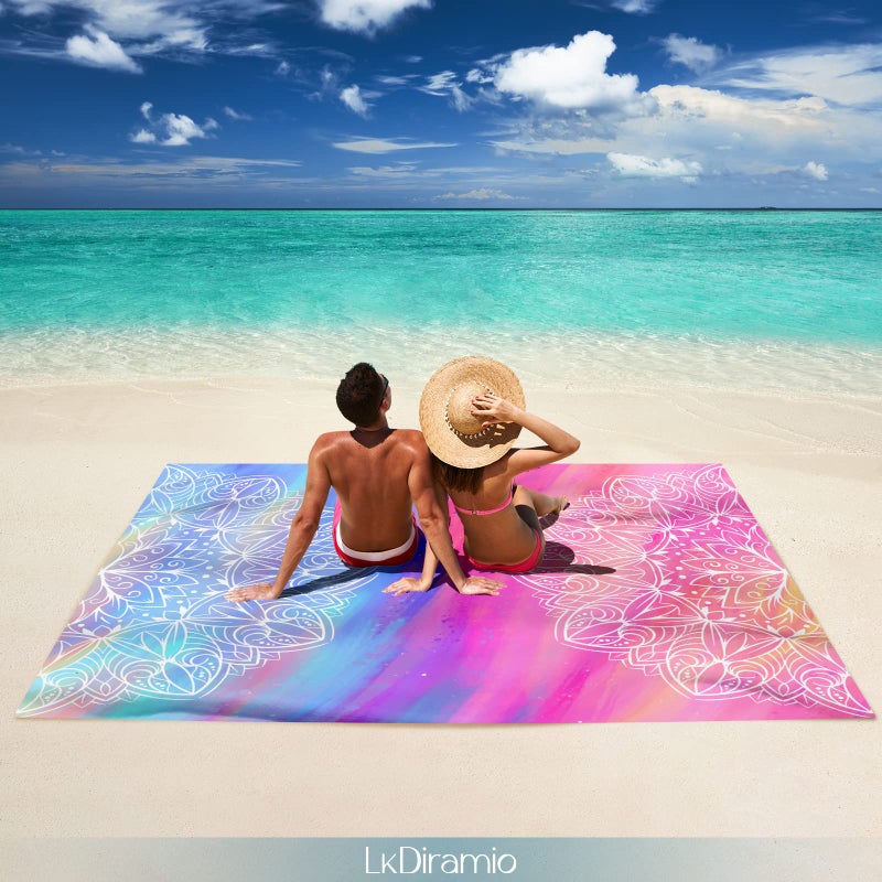LkDiramio LkDiramio Beach Blanket Sand Proof Waterproof Oversized 100" x 80" Sand Free Mat with Corner Pockets and Mesh Bag for Outdoor, Picnic, Travel, Beach Accessories Portable, Gradient Blue Ocean  - Image 5