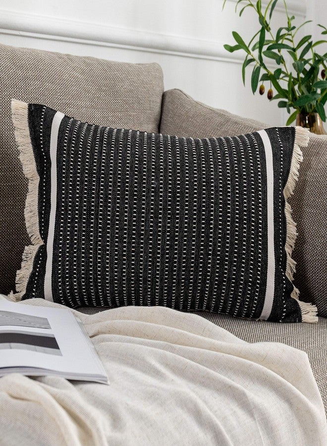 OJIA Modern Throw Pillow Cover with Tassels, Decorative Liana Fringe Accent Cushion Case, Farmhouse Woven Pillowcase for Sofa Chair Couch Bed Decor (Lumbar 12 x 20 Inches, Black) - Image 1