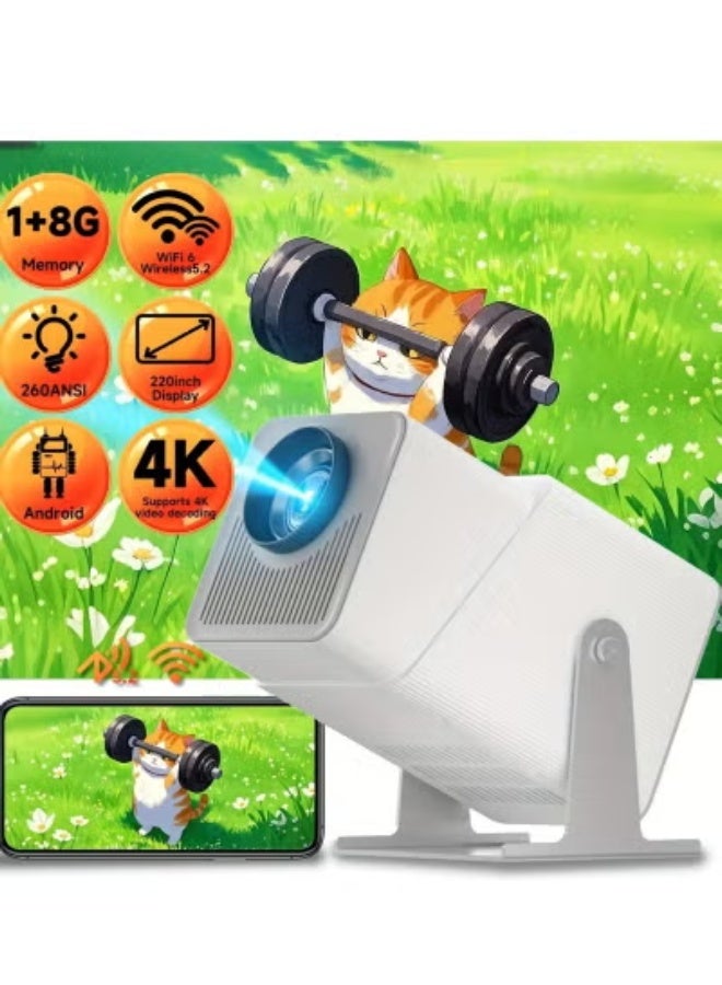 Mini Smart 4K Projector – Portable Android 11 Video Projector with WiFi & Bluetooth, 1080P Native Resolution, 180° Rotatable Adjustment, Automatic Keystone, Compact Home & Outdoor Cinema – White