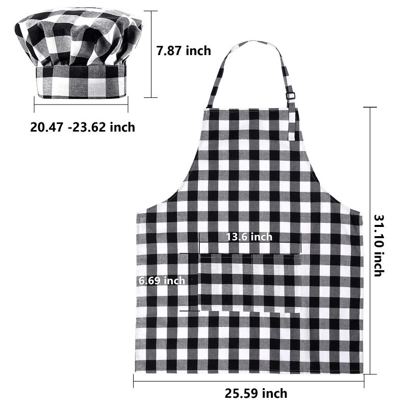 Satinior SATINIOR 2 Pcs Halloween Chef Costume Chef Hat Apron Set for Adult Baker Apron Hat Costume for Cosplay Party Gift(White  Black Plaid Style)  - Image 2