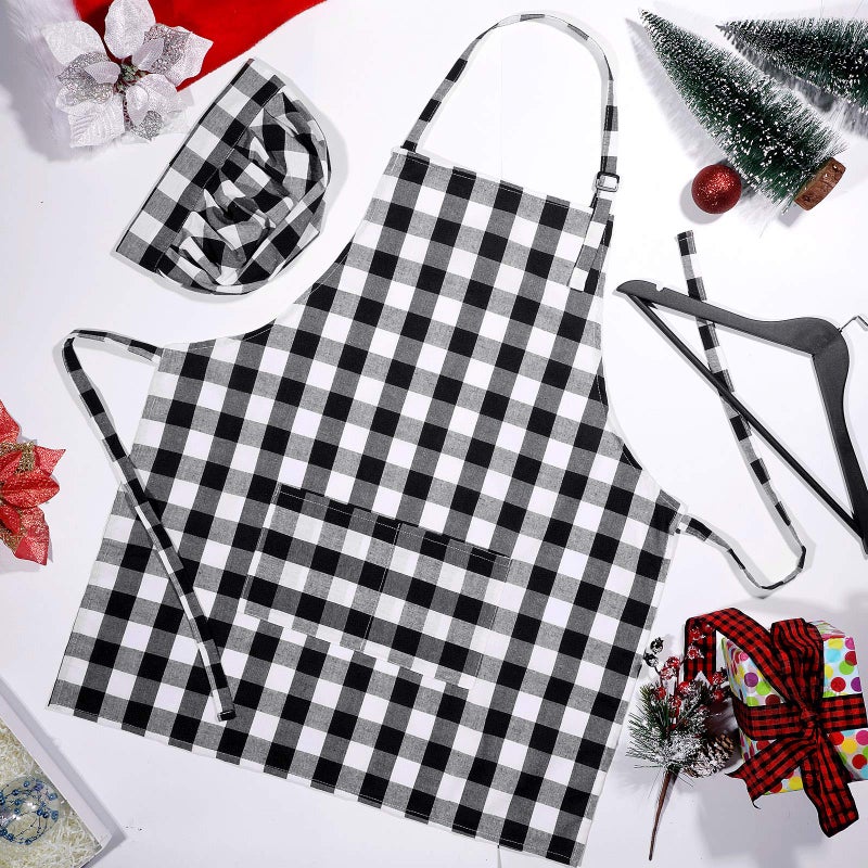 Satinior SATINIOR 2 Pcs Halloween Chef Costume Chef Hat Apron Set for Adult Baker Apron Hat Costume for Cosplay Party Gift(White  Black Plaid Style)  - Image 5
