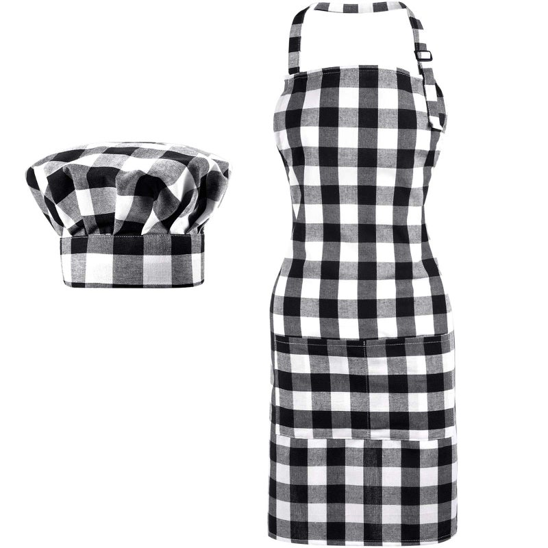 Satinior SATINIOR 2 Pcs Halloween Chef Costume Chef Hat Apron Set for Adult Baker Apron Hat Costume for Cosplay Party Gift(White  Black Plaid Style)  - Image 1