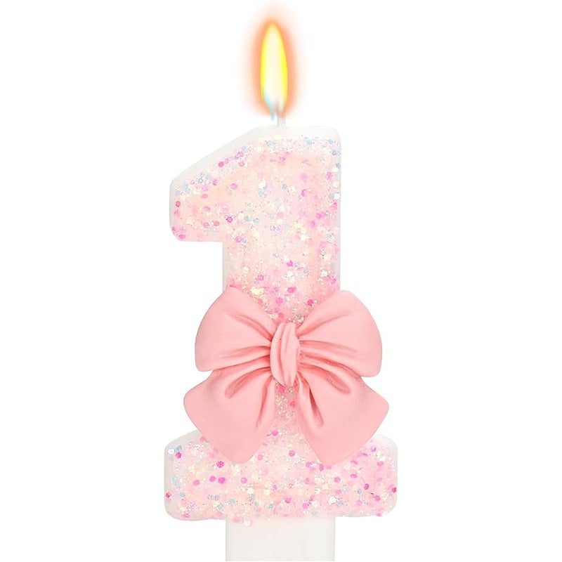 ElekFX Birthday Candle for Cake, 1 Candle - Pink Glitter with Bowknot, 2.76 inch Happy Birthday Candle, Cake Topper Decoration for 1 Year Old Birthday Party (Number 1) - Image 1