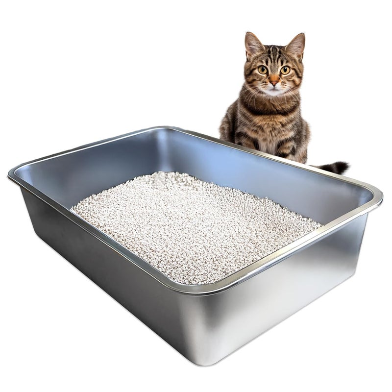 iPrimio Stainless Steel Litter Box No Stick Litter Pan for Cats XL Cat Box with Teflon Coating Never Absorbs Odor or Rust Ergonomic Easy to Clean Durable Nonstick Spacious Pans