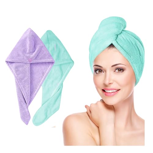 Fezora Hair Towel Wrap for Women (Pack of 2) | Quick-Dry Microfiber Hair Turban with Elastic Loop | Super Absorbent Hair Drying Towel for Ladies & Girls (Purple & Pista) - Image 1