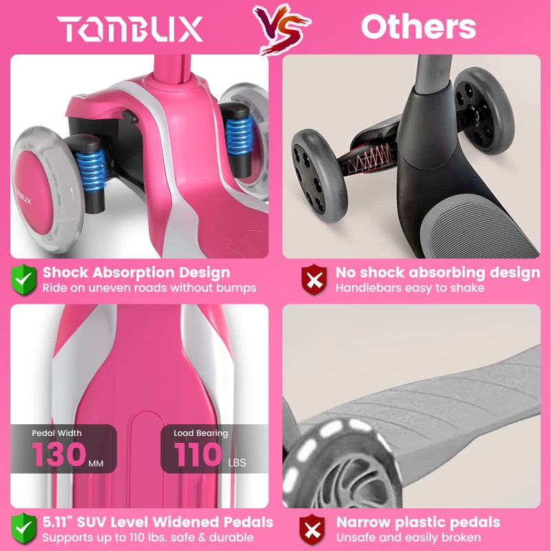 TONBUX Kids Scooter for Age 3-12, Toddler Scooter with 4 Adjustable Heights, Light Up 3-Wheels Scooters, Shock Absorption Design, Lean to Steer, Balance Training Scooters for Kids - Image 4