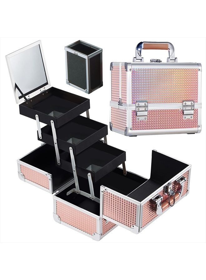 Joligrace Makeup Box Cosmetic Train Case for Women Travel Jewelry Organizer with Compartments & Mirror Portable Lockable Make-up Trunk Shiny Style  - Image 1