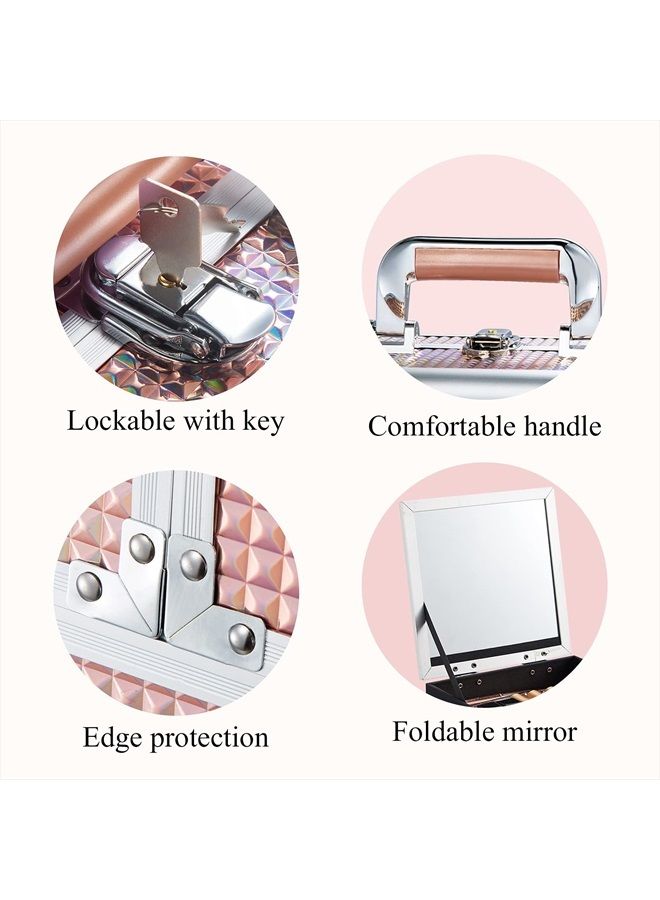 Joligrace Makeup Box Cosmetic Train Case for Women Travel Jewelry Organizer with Compartments & Mirror Portable Lockable Make-up Trunk Shiny Style  - Image 4