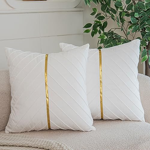 WACOMECO Velvet Throw Pillow Covers Pack of 2 Soft Gold Decorative Cushion Covers for Couch Sofa Living Room Home Decoration White 18x18 inch - Image 1