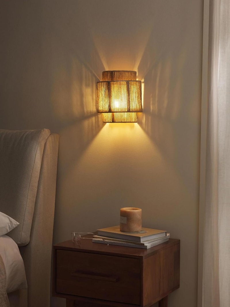 AKWAY Bamboo Wall Lamps for Living rooms Rattan and Cane Webbing wall lamps for Bedroom Wicker Wall lamps for home Decoration Bulb not Included Jute Wire - Image 2