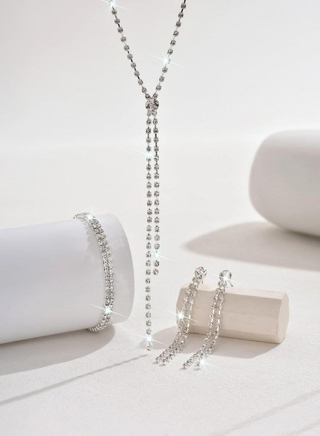 MIFYNN طقم مجوهرات زفاف مرصع بأحجار الراين من MIFYNN للنساء، يتضمن أقراطًا وقلادة وسوارًا مرصعة بالكريستال اللامع، مناسب لحفلات الزفاف والخطوبة، وللعرائس ووصيفات العروس (فضي 1) - Image 5