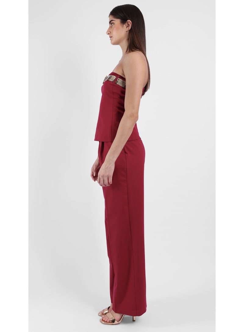 كيفيلي طقم نسائي مكون من قطعتين – توب بدون أكمام بلمسة جلد أفعى وبنطال واسع الساق – خمري - Image 4