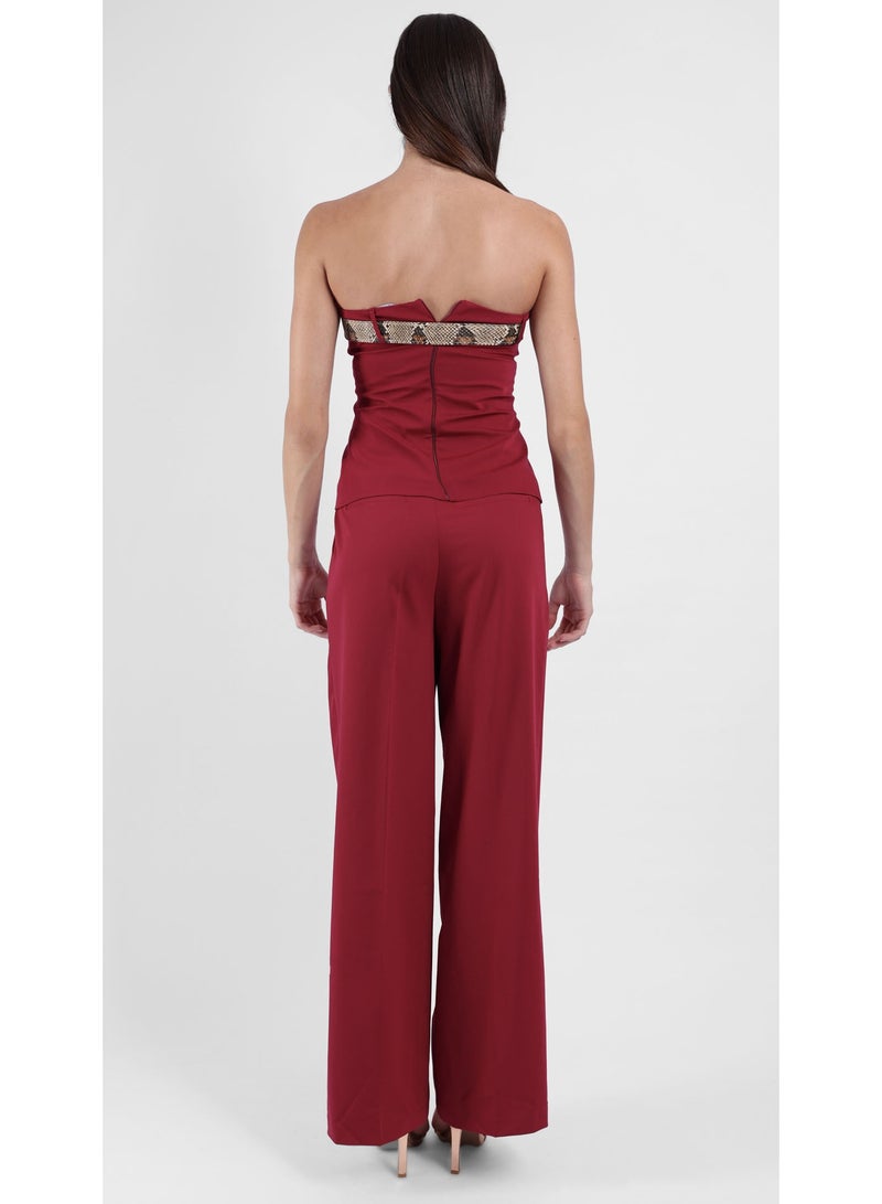 كيفيلي طقم نسائي مكون من قطعتين – توب بدون أكمام بلمسة جلد أفعى وبنطال واسع الساق – خمري - Image 5