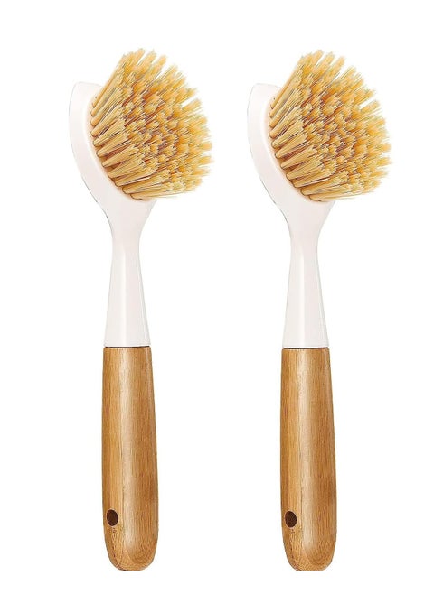2 Pcs Kitchen Dish Brush, Bamboo Handle Dish Scrubber Built-in Scraper, Scrub Brushes for Pans, Pots, Kitchen Sink Cleaning, Dishwashing Perfect Cleaning Tools, White