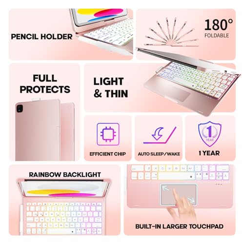 NOKBABO for iPad 10th 11th (A16) Generation Case with Keyboard, iPad Air 11 inch case (M4/M3/M2), Keyboard for iPad Pro 11 (4th/3rd/2nd/1st) & iPad Air 5/4, Trackpad, 360° Swivel, Backlit-Bright Pink - Image 4