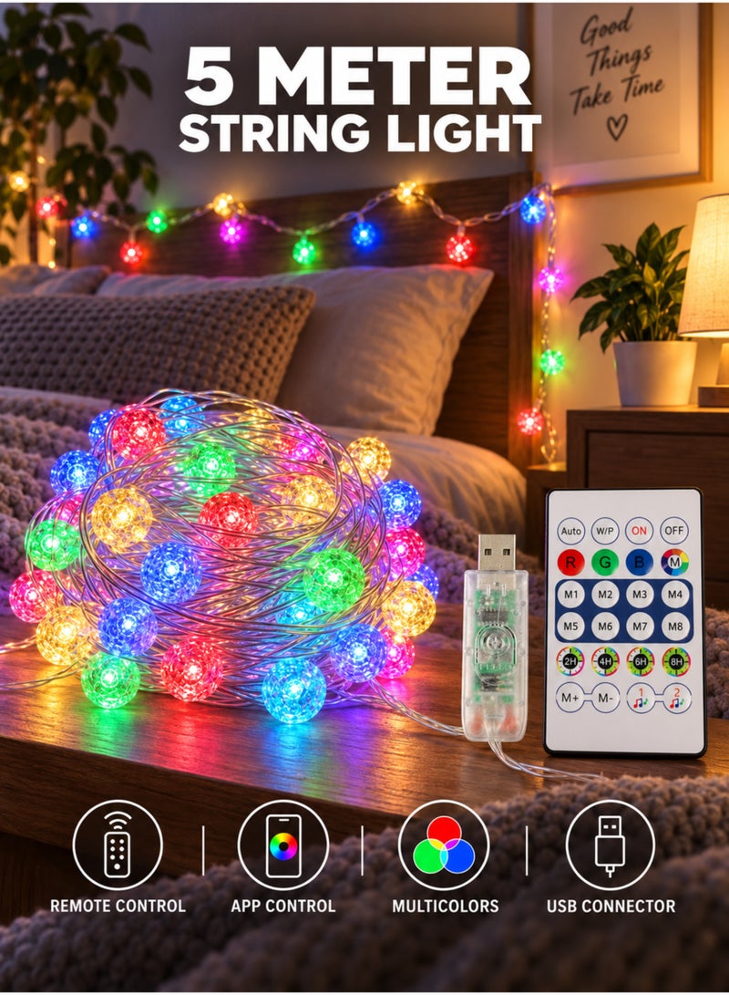 مودي سلسلة مصابيح LED RGB بمنفذ USB من MODI بطول 5 أمتار و50 مصباحًا | تحكم عن بُعد + بلوتوث + تطبيق | متعددة الألوان للاستخدام الداخلي والخارجي، مناسبة لأعياد الميلاد، ورأس السنة، واليوم الوطني، وعيد الفطر، ورمضان، وديوالي - Image 1