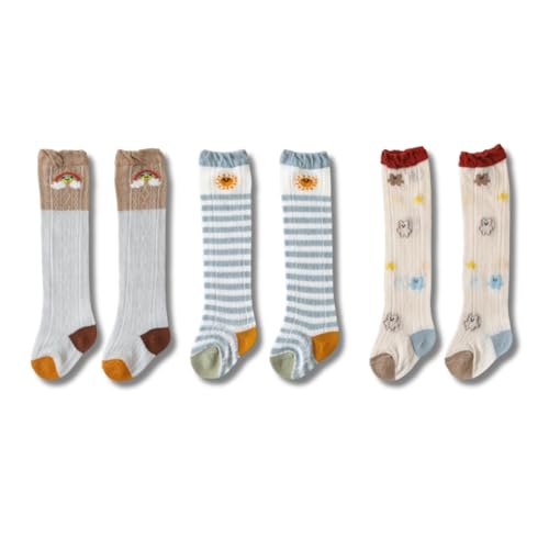 GUCHIGU Unisex Baby Knee-High Socks Toddlers Breathable Cute Print Sock Anti-Mosquito Knit 3 Pair Cotton Ankle Length Ankle Socks For Little Kids Boys Girls (Multicolor B-D-E, 6-36 Months, Pack Of 3) - Image 1