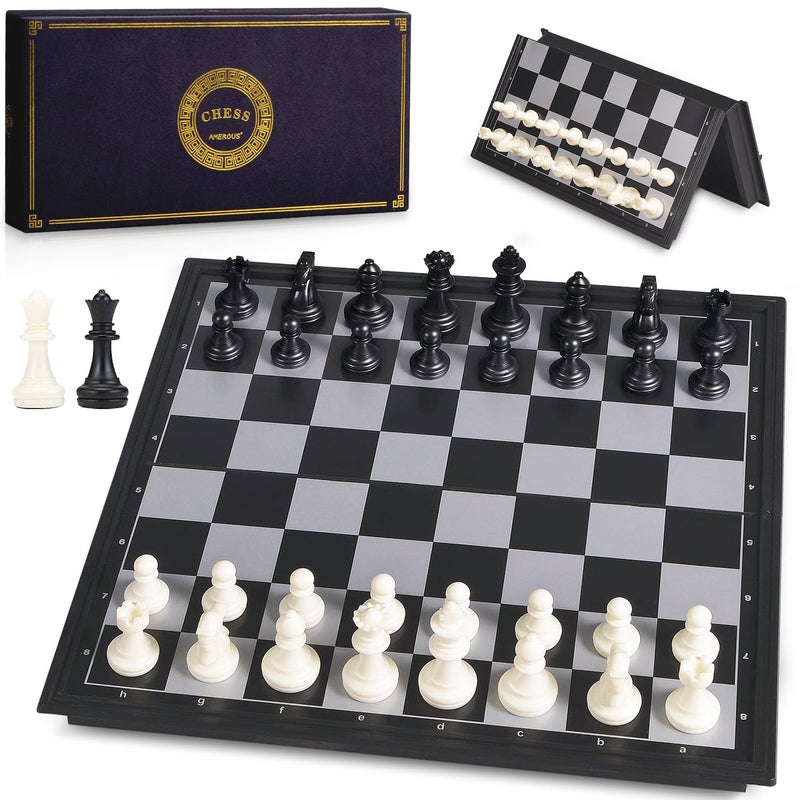 AMEROUS 10 Inches Magnetic Travel Chess Set with Folding Chess Board 2 Extra Queens Instructions for Beginner Kids and Adults - Image 2