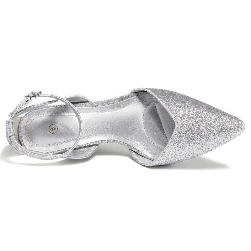 mysoft Women's Pumps Shoes Pointed Toe Kitten Low Heels Stiletto Ankle Strap Closed Toe Wedding Party Dress Sandals Silver Glitter - Image 4