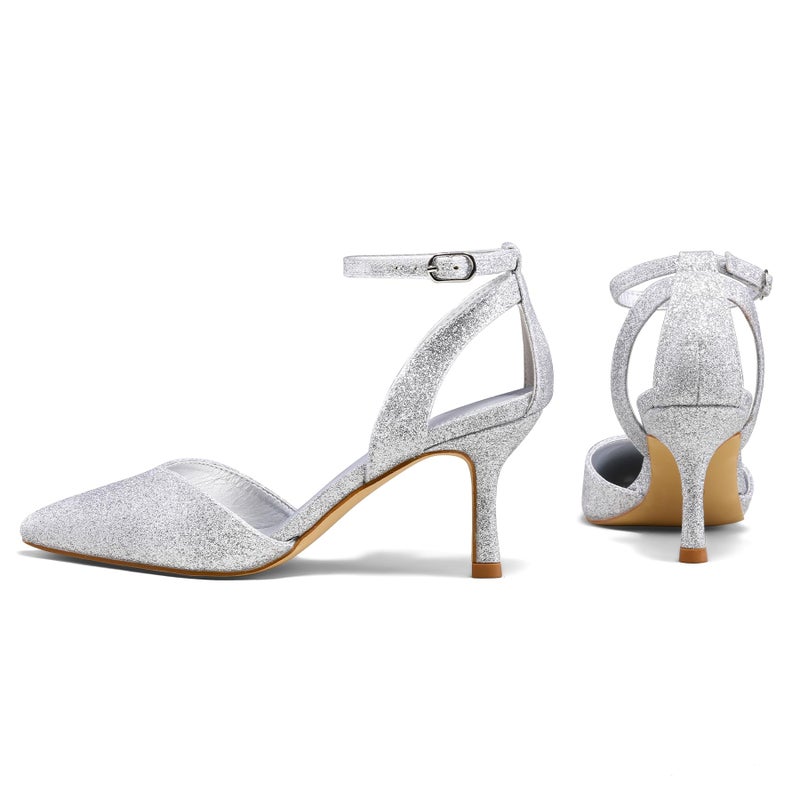 mysoft Women's Pumps Shoes Pointed Toe Kitten Low Heels Stiletto Ankle Strap Closed Toe Wedding Party Dress Sandals Silver Glitter - Image 3