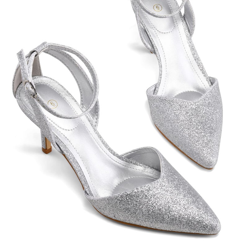 mysoft Women's Pumps Shoes Pointed Toe Kitten Low Heels Stiletto Ankle Strap Closed Toe Wedding Party Dress Sandals Silver Glitter - Image 5