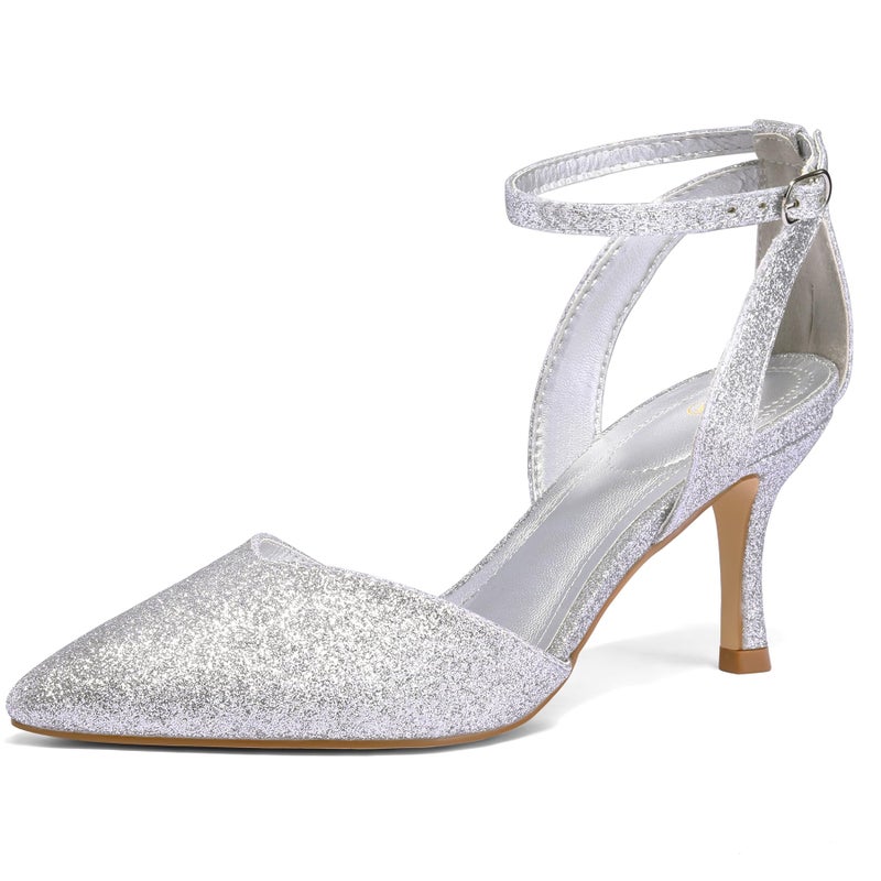 mysoft Women's Pumps Shoes Pointed Toe Kitten Low Heels Stiletto Ankle Strap Closed Toe Wedding Party Dress Sandals Silver Glitter - Image 1