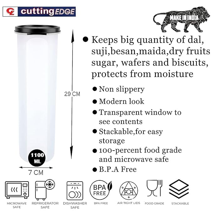 Cutting EDGE 1100 ML Smart Slim Storage Set of 4 | Airtight & Leak-Resistant Round Modular Plastic Containers for Pasta, Snacks & Cookies | Stackable, BPA-Free, Refrigerator Safe, Black - Image 5